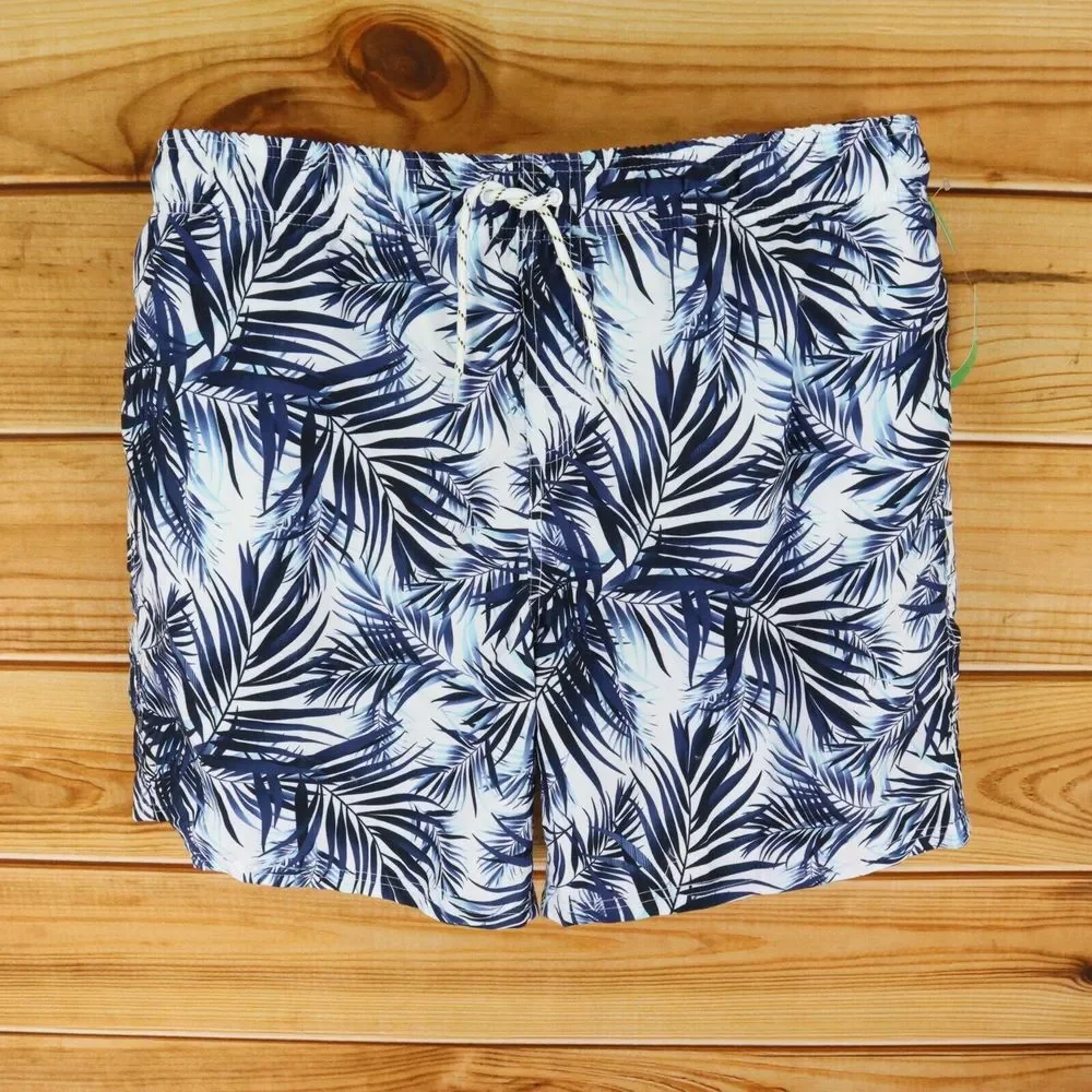 Dip Swim Trunks w/Liner Mens XL‎ Blue White Leaves UPF 50 Pockets Drawstring NWT